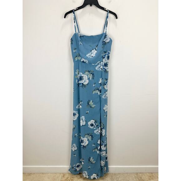 NEW Lulus Feeling Elegant Slate Blue Floral Print Lace Up Slit Maxi Dress Medium - Picture 5 of 12